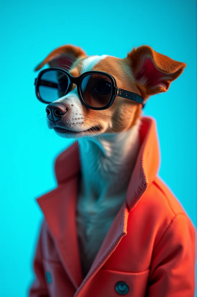 The best cell phone wallpaper, Award-Winning Wallpaper, portrait photography, In the front view is a portrait of a cute dog wearing mid-1960s space age fashion, Side view photo, Shot with Canon EOS R5, Set a strong contrast that accentuates the subject, Fluorescent blue tone, Wearing a very modern coat and sunglasses is a modern 1960s style, Clothes all in one color, beautiful background