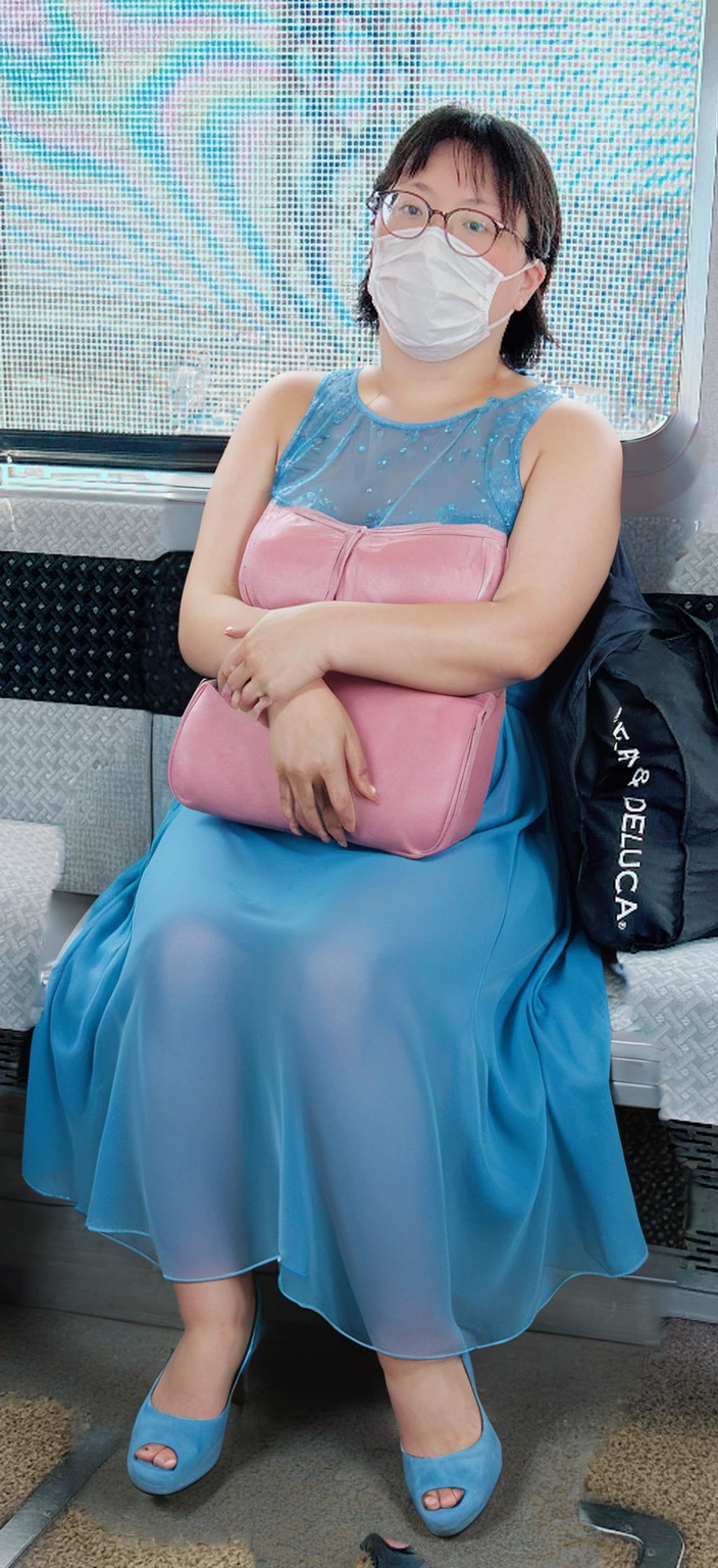 Large woman sitting on a train seat、See-through dress、Sitting with legs apart