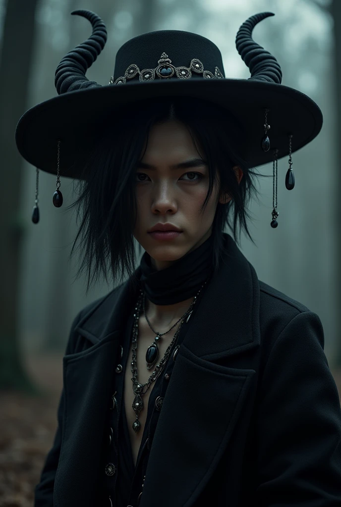 roblox character man aesthetics, with black hat and black hair and black horns hanging jewelry man