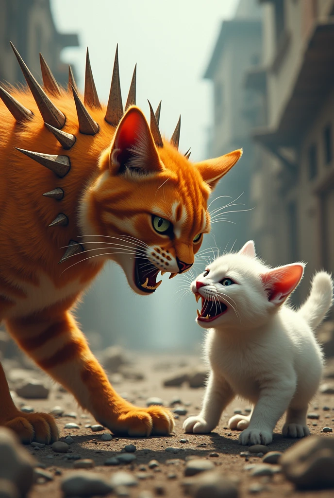 orange cat,spikes at the back,war, fighting,small white cat,high pixel,best quality,best detail,angry,realistic