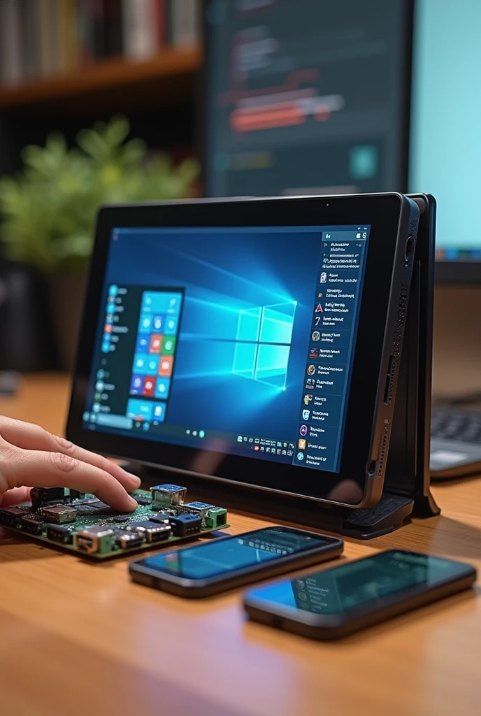 Generate a Rasberry pi 4 development board case with 7 inch touch screen with tablet layout, secondary data screen, battery, and ventilation 
(mixed style)