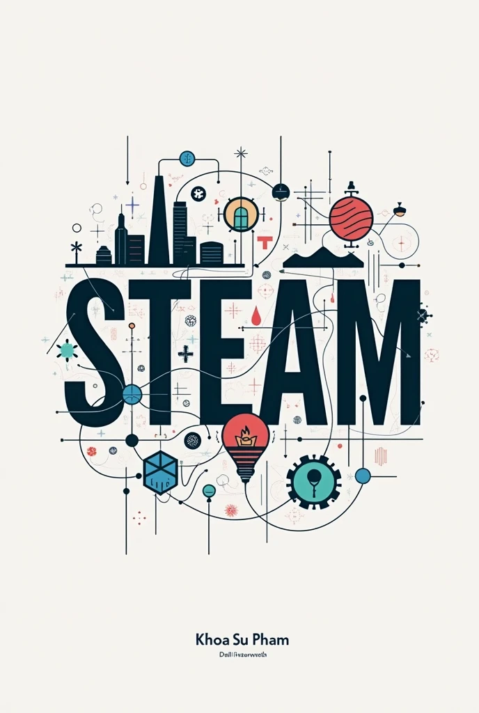 Image of logo "room to practice design, create objects,..." Write the text below as "STEAM" and add the line below Steam as "Khoa Su Pham"