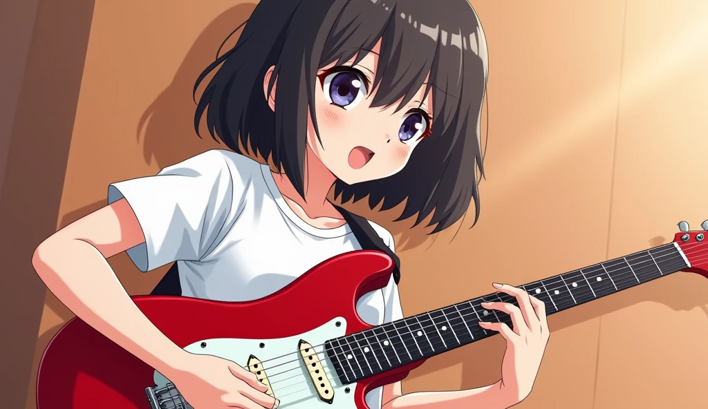 Red Electric Guitar,The pickguard is also red,A girl playing,Heavy round bob hair,Plain white T-shirt,Anime Style, Shooting from an oblique angle,High resolution,