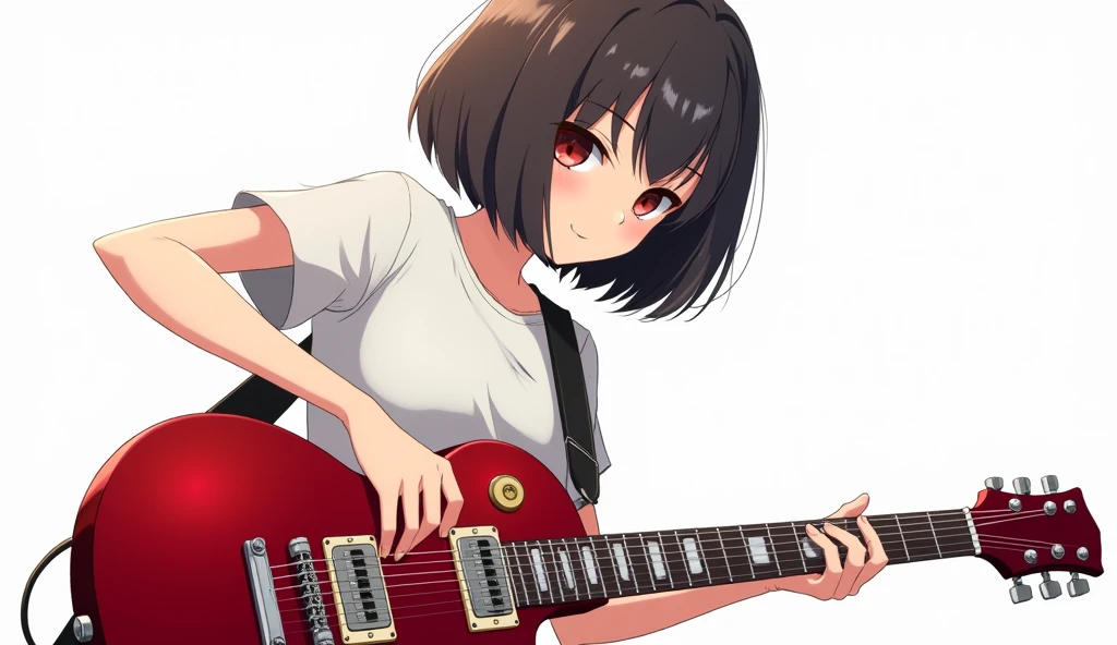 Red Electric Guitar,The pickguard is also red,A girl playing,Heavy round bob hair,Plain white T-shirt,Anime Style, Shooting from an oblique angle,High resolution, 