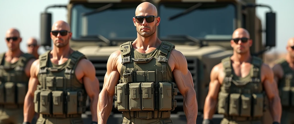 4k ((best quality)), ((masterpiece)), (detailed), hd, realistic face very muscular bald male soldiers full body stand by military truck sunglass,
