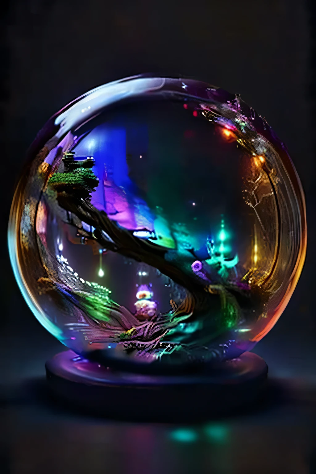 A bonsai tree made of neon light inside of a glass sphere, in the dark, cinematic lighting, colorful vibrant colors, highly detailed, hyper realistic, 8k, photorealistic, masterpiece:1.2,on the bubble