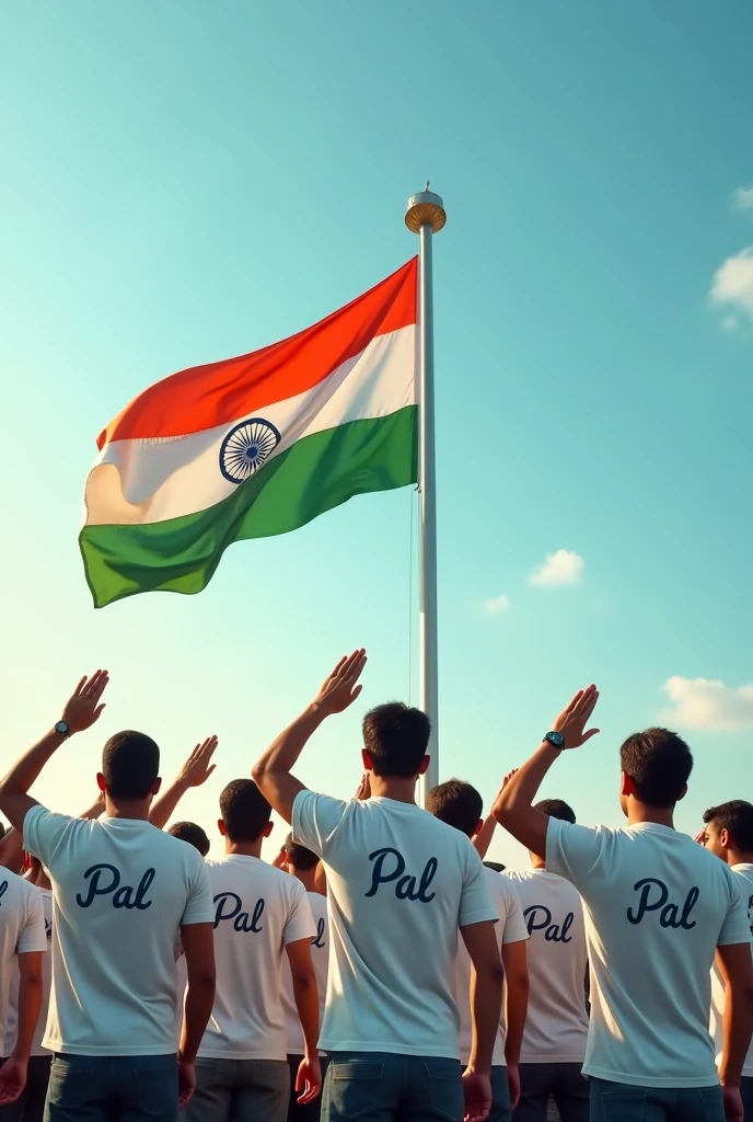 Men saluting the Indian flag, wearing 'Pal' t-shirts, on the 78th Independence Day.