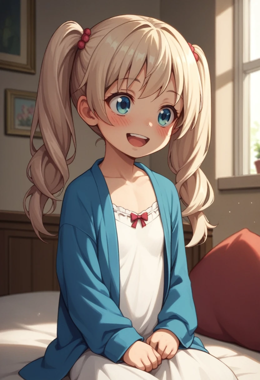 ((Highest quality)), ((masterpiece)), (be familiar with), Perfect Face, indoor, Bedroom, Watching the audience,
One woman, Milim Nava,
Open Mouth, Ecstatic expression, blush, smile,
Small breasts, Flat Chest, , , child, Girl,
Long Hair, Twin tails,