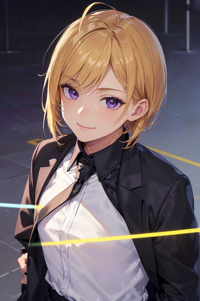 (((masterpiece; best quality: 1.2))), (finely detailed eyes: 1.3), ((1 male )), ((solo)), (purple eyes: 1.4), (body/face type; lean, masculine, manly: 1.3), (very short yellow hair: 1.3), (clear background: 1.2), ((depth of field)), (equipment: school uniform + black jacket + black necktie + white shirt: 1.3), (anime illustration: 1.2), (background composition; public park + day: 1.1), (extremely handsome: 1.1), (shot composition; standing + centered on face + bust close-up: 1.5), (facial expression; calm + smile: 1.2)
