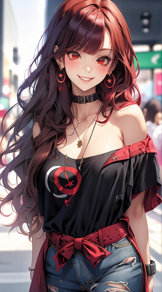 masterpiece, best quality, PIXIV, cool girl, lots of piercings, earrings, dark red hair, curly hair, blunt bangs, straight bangs, red  eyes, pale skin, gal, gyaru, cute face, smile, sailor school uniform, gal peace