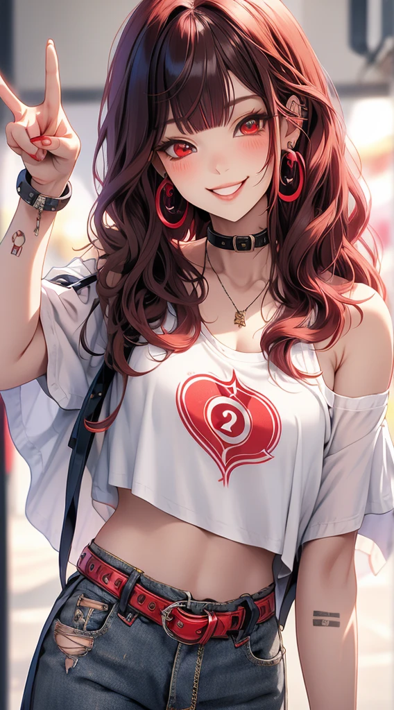 masterpiece, best quality, PIXIV, cool girl, lots of piercings, earrings, dark red hair, curly hair, blunt bangs, straight bangs, red  eyes, pale skin, gal, gyaru, cute face, smile, sailor school uniform, gal peace