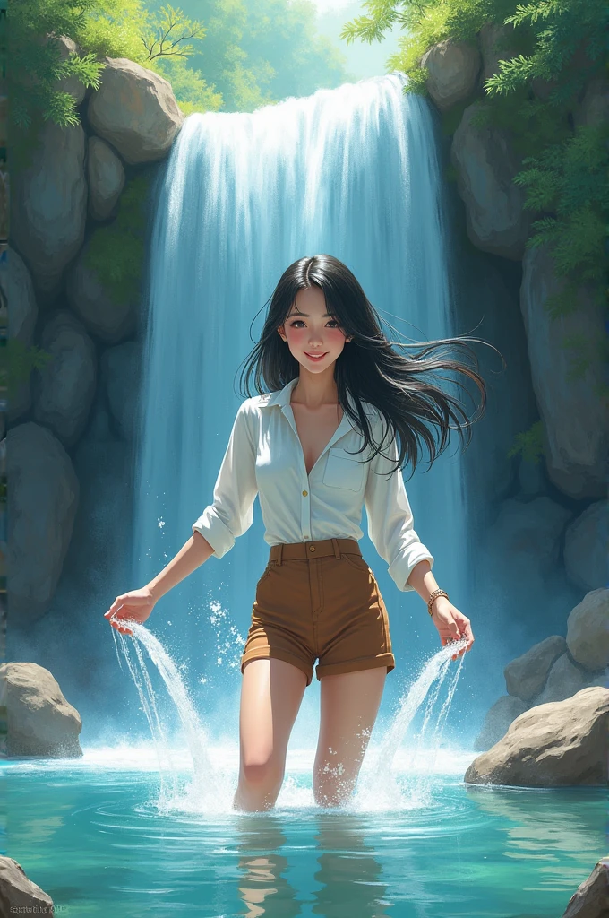 full lebght hiper 2k A young woman, and a beautiful, sweet face, black hair, and a beautiful, sweet face, long black hair, in a white top, wearing a white long-sleeved shirt over it and wearing brown shorts, playing in a waterfall, the water is only waist-deep. The beauty that splashes down from a high cliff, there is a mountain stream, the atmosphere is cool and refreshing, glowing and sparkling, beautiful. Oil painting, oil painting, three-dimensional painting, art painting, Professor Chalermchai