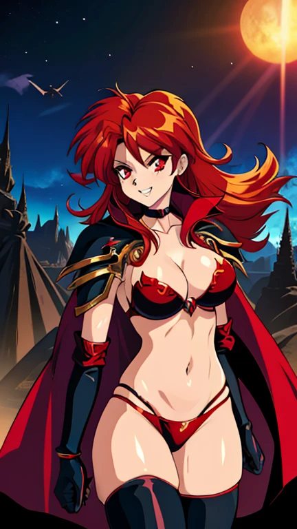 (1girl, Lsatanus), (extremely detailed CG unit 8k wallpaper),(master part), (best quality), (ultra detail), (best illustration),(1990s \(style\), retro artstyle), cowboy shot, (Sharp eyeliner, ombre, detail eyes:1), symmetrical composition,night medieval dungeon, outdoors, ,break , (Fantasy style background), upper body, long hair, red eyes, thighhighs, gloves, bikini, red hair, fangs, vampire, bikini armor, fiery hair, cape, choker, colored sclera, pauldrons,