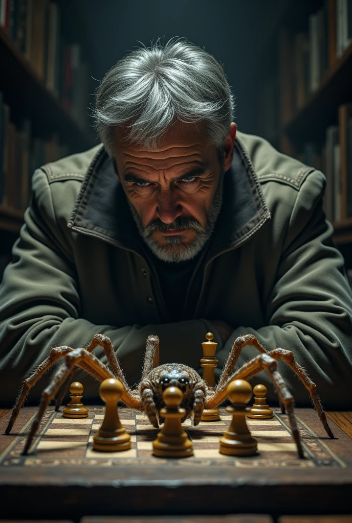 Lonely adult man with short gray hair, half closed beard that looks serious, playing chess with a single large spider that looks like bruce lee

