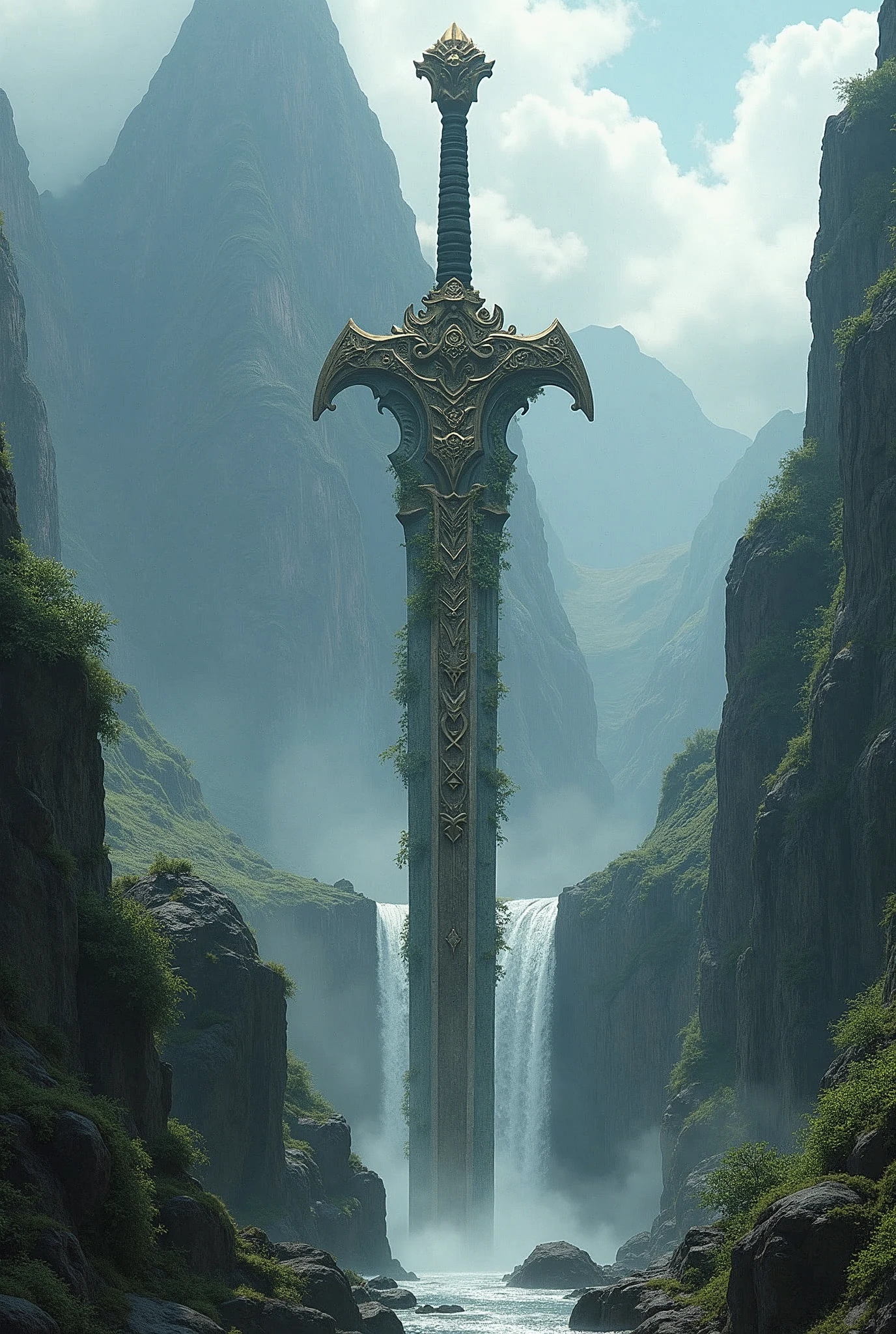 Create a breathtaking, semi-realistic image that captures the majestic view of an ancient giant sword half-buried in a mountain, surrounded by mist and a cascading waterfall. | Visualize the sword as a colossal relic, its blade partially buried deep within the mountain, with only a significant portion of it jutting out, revealing intricate, weathered engravings that tell of ancient battles and forgotten legends. The exposed hilt and guard of the sword are adorned with moss and vines, blending with the natural surroundings while still commanding awe and reverence. | The setting is a beautiful, expansive landscape with the mountain as the centerpiece, shrouded in ethereal mist. A waterfall flows down the mountain, its waters cascading around the half-buried sword, adding movement and life to the scene. | The composition should evoke a sense of wonder and grandeur, with the sword serving as a monumental relic from a bygone era. The mist and waterfall enhance the mystical atmosphere, highlighting the epic scale of the scene. | The image should be visually stunning, designed as an award-winning piece of art or a game poster, blending semi-realistic detail with fantasy elements to create a scene that is both awe-inspiring and immersive.