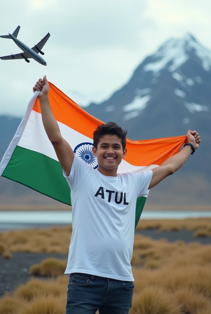 A boy 30 year old wear white t-shirt "ATUL" Name on tshirt, hold a Indian flag, airoplane,iceland,