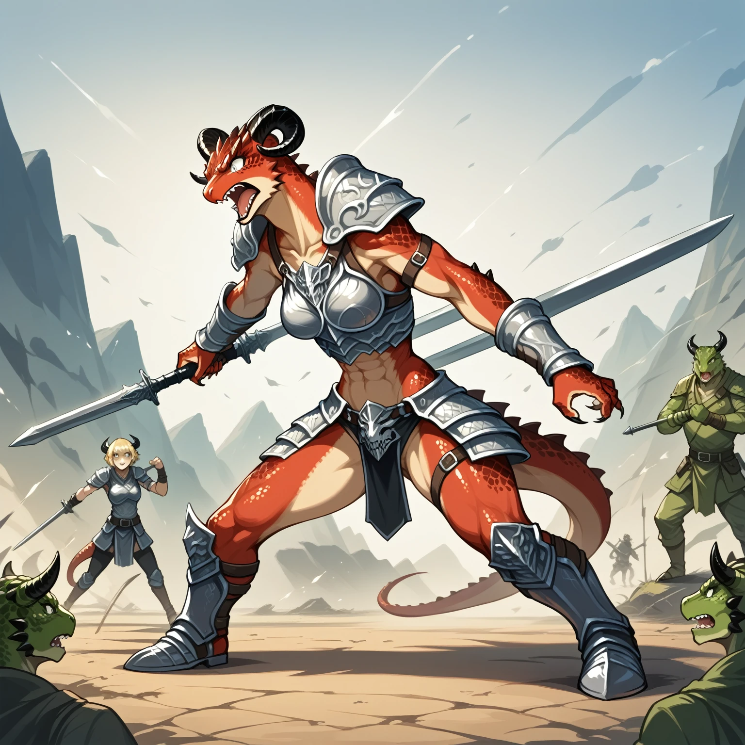 score_9,score_8_up,score_7_up, source_anime, anthro, kemono style, aegis, all red scalie girl, tall and toned body, white eyes, black ram horns, tail, wearing barbarians armor, holding a giant greatsword with one hand, on a battlefield, surrounded by scared soldiers, screaming and yelling, angry, outdoors, 