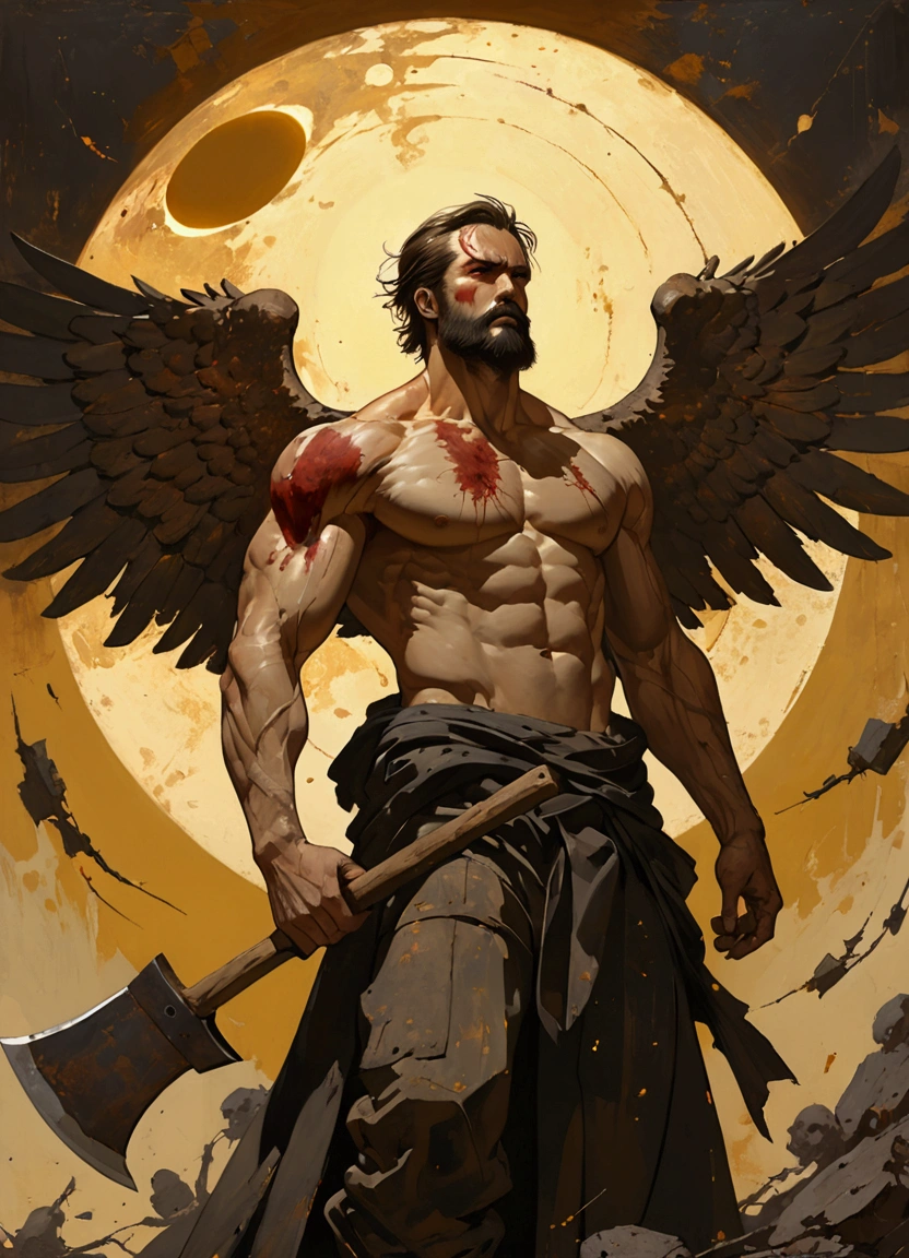 masterpiece, (best quality:1.2),(Ashley Wood Style:1.2),(Nick Vicesi Style:0.6), (Clear focus:1.2),Male angel, Wings spread, muscular, beard, Textured Skin, Death Stare, Bloody wounds, Holding a huge rusty axe.Solar eclipse background, Simple golden background, Movie Lighting, glare, Photon Mapping,