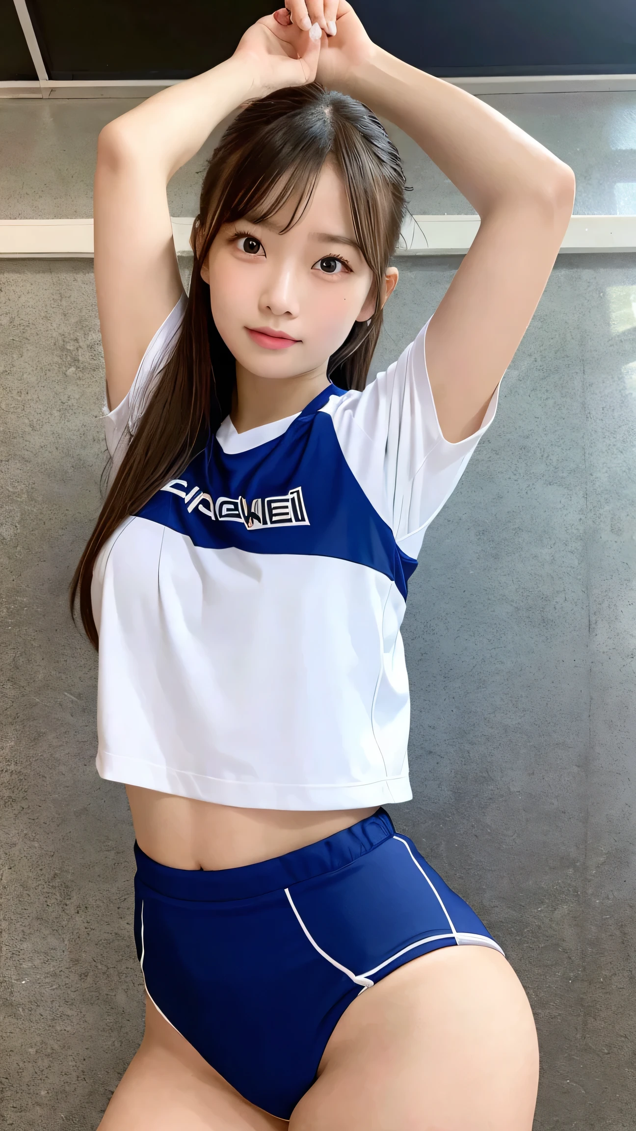 masterpiece, best quality, 1girl, tight volleyball uniform, stretching, athletic build, determined look, indoor gym, natural light, detailed background