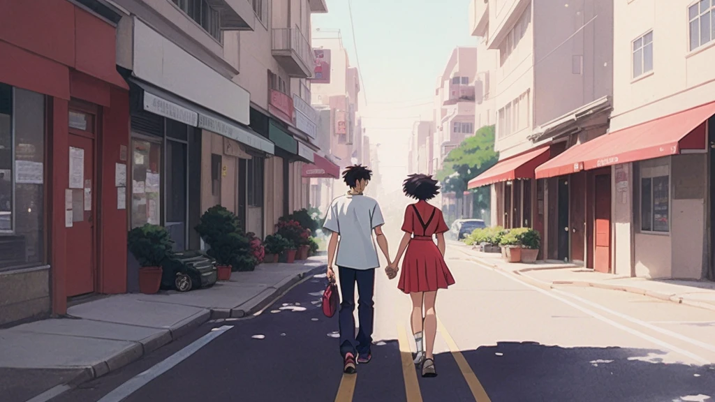 Animated scene of a couple walking down the street with their car, praise feel, praise, praise artstyle, praise art, praise girl, praise colors, praise vibes, 90s anime aesthetic, praise vibe, Retro Anime Images, Anime movie stills, praise hip hop, Moebius and Makoto Shinkai