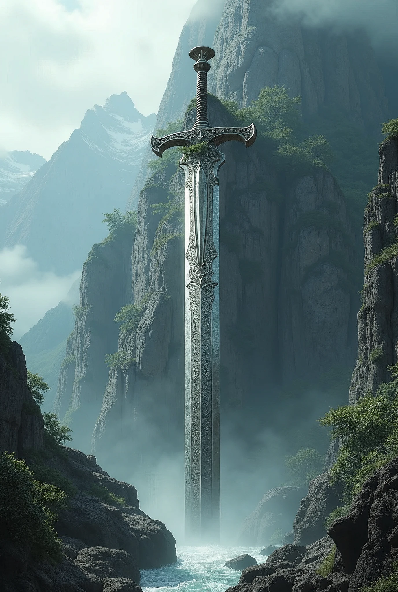 Create a breathtaking, semi-realistic image that captures the majestic view of an ancient giant sword embedded in a mountain, surrounded by mist and a cascading waterfall. | Visualize the sword as a colossal relic, its blade deeply embedded into the mountain, with intricate, weathered engravings that tell of ancient battles and forgotten legends. The sword’s hilt and guard are partially covered in moss and vines, blending with the natural surroundings, yet still exuding an awe-inspiring presence. | The setting is a beautiful, expansive landscape with the mountain as the centerpiece, shrouded in ethereal mist. A waterfall flows gracefully down the mountain, its waters splashing against the base of the sword and adding a dynamic element to the scene. | The composition should evoke a sense of wonder and grandeur, with the sword serving as a monumental relic from a bygone era. The mist and waterfall add to the mystical atmosphere, enhancing the epic scale of the scene. | The image should be visually stunning, designed as an award-winning piece of art or a game poster, blending semi-realistic detail with fantasy elements to create a scene that is both awe-inspiring and immersive.
