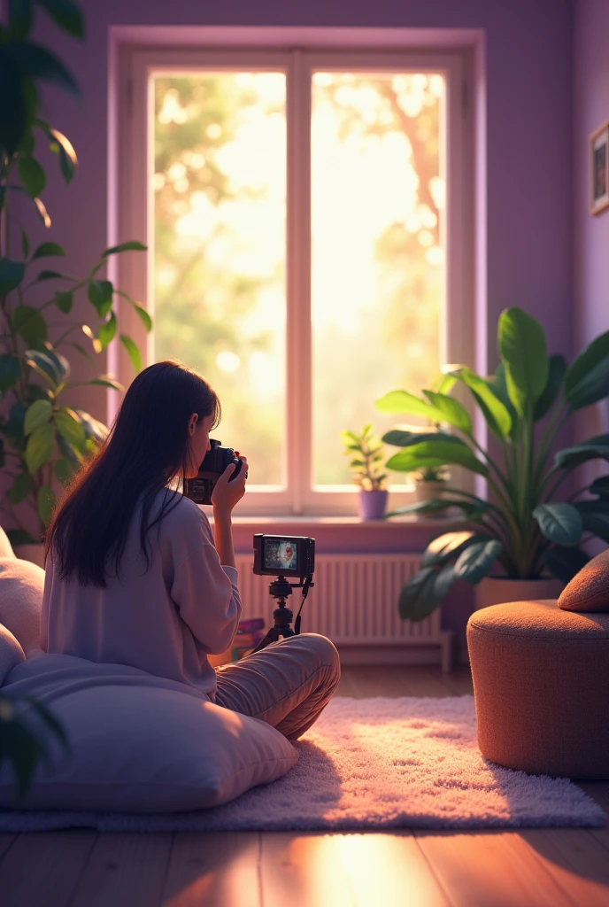 indoors, soft lighting, plants in little background, window with sunlight, cozy room, room with purple wall and set up camera doing the