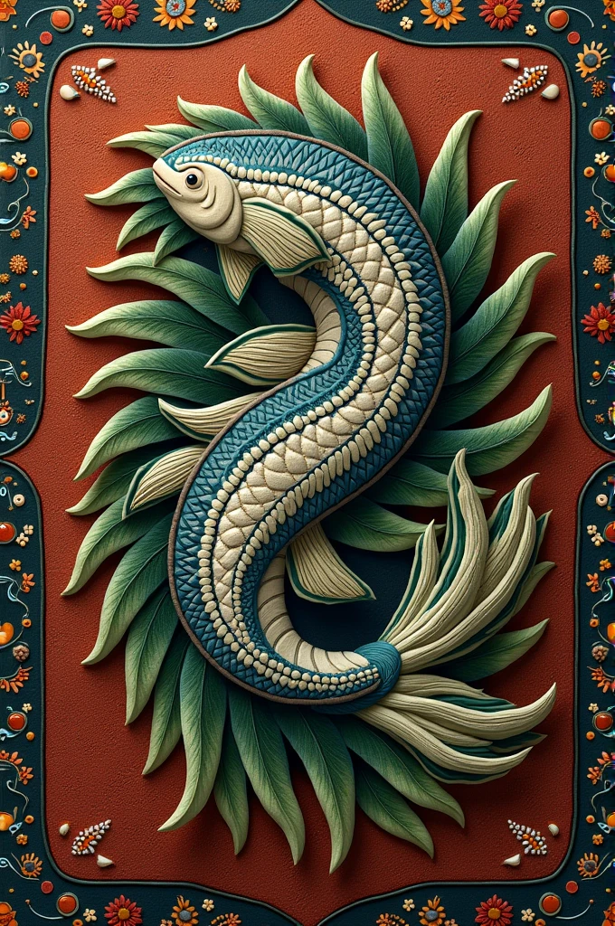 Logo of a fish fused with a plant as if it were an indigenous embroidery 