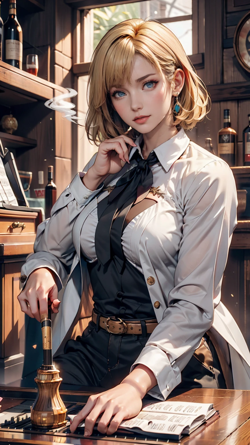 Short-haired female cowboy in a western saloon,blonde,Sitting,Smoking Pipes,table Wisky,piano,6-shot revolver,Barrel,table,Trump,Dust,artwork,3d,4K,detailed,Realistic