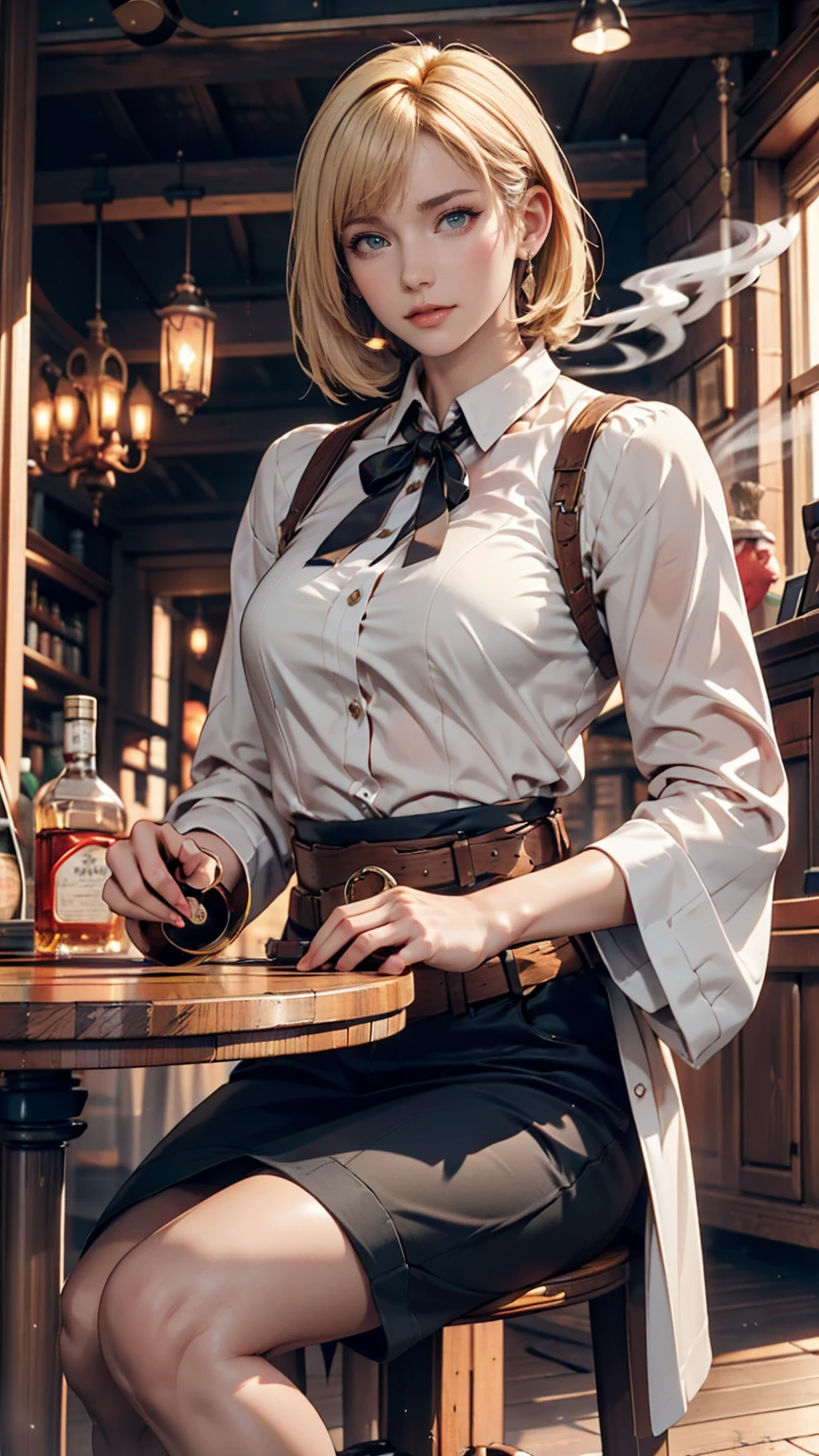 Short-haired female cowboy in a western saloon,blonde,Sitting,Smoking Pipes,table Wisky,piano,6-shot revolver,Barrel,table,Trump,Dust,artwork,3d,4K,detailed,Realistic