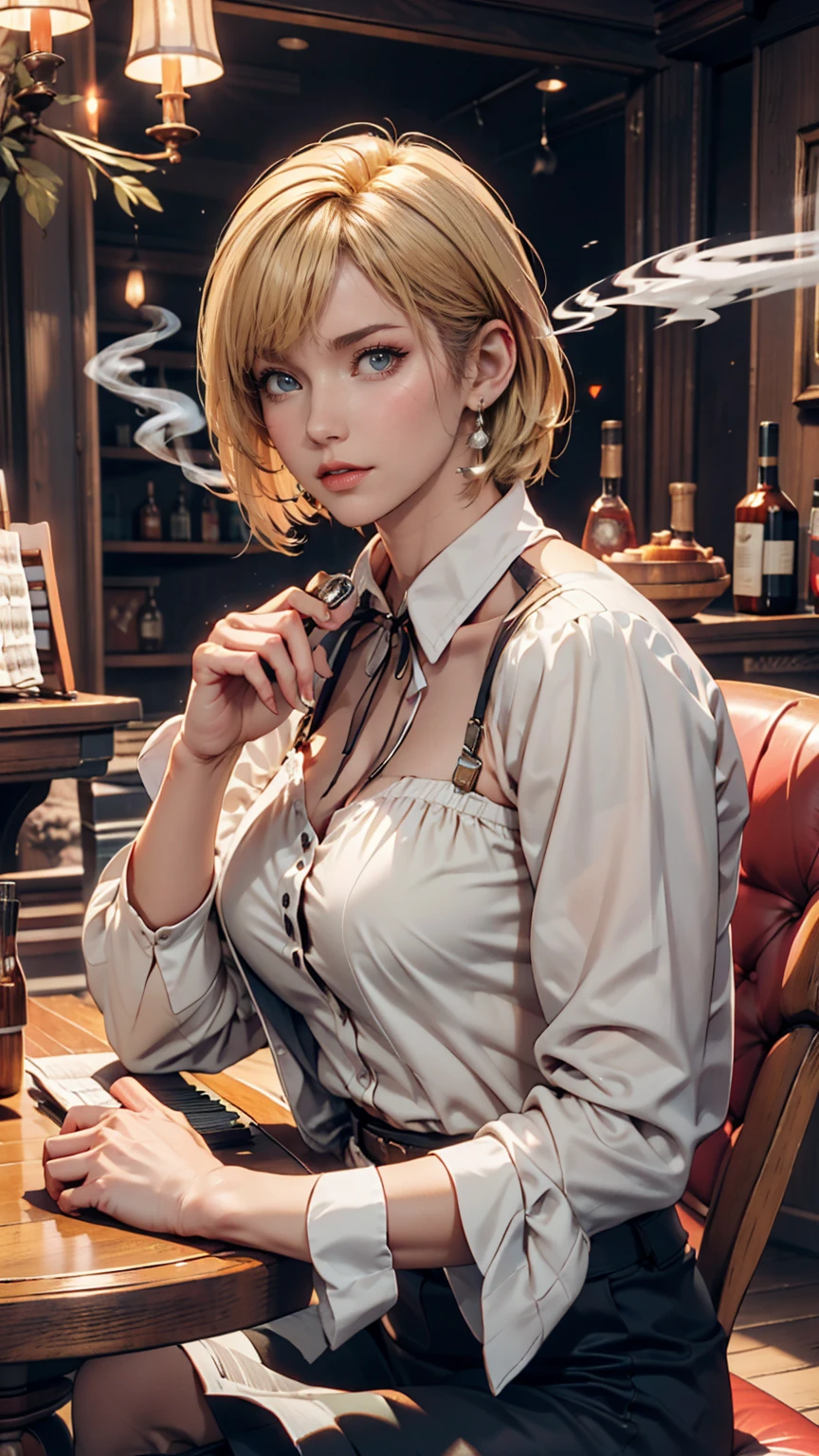 Short-haired female cowboy in a western saloon,blonde,Sitting,Smoking Pipes,table Wisky,piano,6-shot revolver,Barrel,table,Trump,Dust,artwork,3d,4K,detailed,Realistic