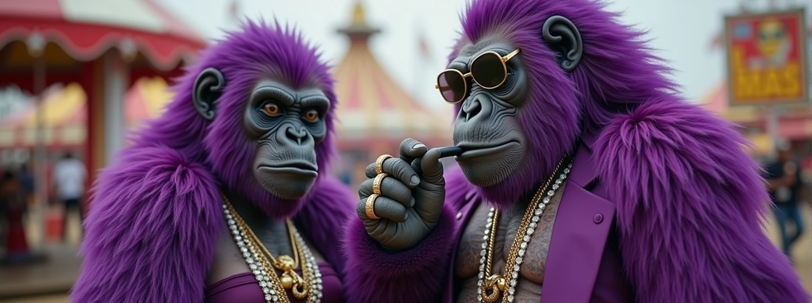 1 purple female ape and 1 purple ape, With giant and high-caliber weapons, with gangster SUIT with chains, tattooed, with huge diamond and gold rings, smoking with a pipe, at an Indian fair