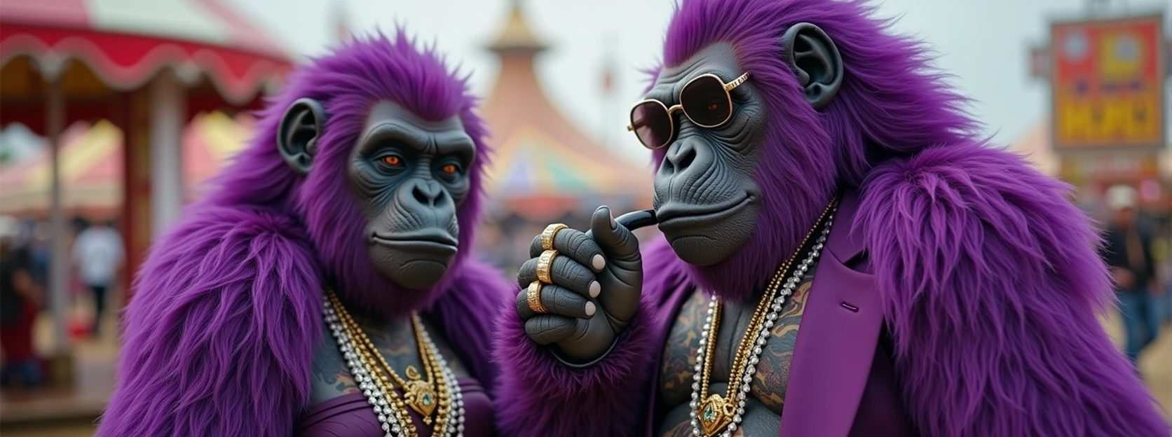 1 purple female ape and 1 purple ape, With giant and high-caliber weapons, with gangster SUIT with chains, tattooed, with huge diamond and gold rings, smoking with a pipe, at an Indian fair
