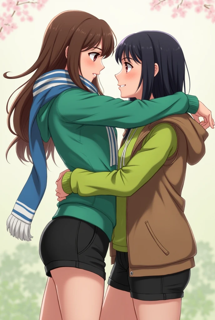 Two women:
Aredia: Long brown hair to the waist, black eyes, light brown tea. He is wearing a green hooded sweatshirt and black shorts. He is also wearing a two-tone scarf with a vertical division. (blue and white) stomach 1.62 IS LOWER THAN CHIP Chip: Black hair with shoulder length hair, with bangs, white skin and reddish brown eyes. He is wearing a lime green long-sleeved shirt along with shorts and a brown sleeveless hooded jacket.. stomach 1.68 IS HIGHER THAN AREDIA The situation: Aredia smiling provocatively hugging Chip with her arms around his shoulders to which she frowns embarrassedly with a slight blush