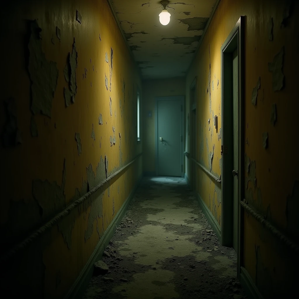 A surreal, eerie, and unsettling scene in a dimly lit, dilapidated hallway covered in faded yellow wallpaper, (best quality,8k,highres,masterpiece:1.2),ultra-detailed,(realistic,photorealistic,photo-realistic:1.37),HDR,UHD,studio lighting,ultra-fine painting,sharp focus,physically-based rendering,extreme detail description,professional,vivid colors,bokeh,horror,concept art,moody,somber,gloomy,atmospheric,cinematic lighting,dramatic shadows,unsettling,unnerving,creepy,unnatural,claustrophobic,disorienting,monochromatic,muted tones,faded,decaying,abandoned,haunting,surreal,unsettling,ominous,foreboding