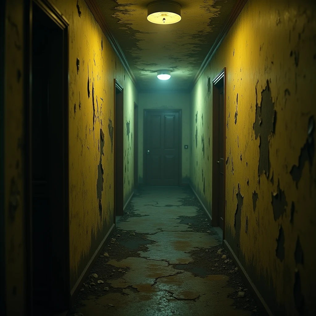 A surreal, eerie, and unsettling scene in a dimly lit, dilapidated hallway covered in faded yellow wallpaper, (best quality,8k,highres,masterpiece:1.2),ultra-detailed,(realistic,photorealistic,photo-realistic:1.37),HDR,UHD,studio lighting,ultra-fine painting,sharp focus,physically-based rendering,extreme detail description,professional,vivid colors,bokeh,horror,concept art,moody,somber,gloomy,atmospheric,cinematic lighting,dramatic shadows,unsettling,unnerving,creepy,unnatural,claustrophobic,disorienting,monochromatic,muted tones,faded,decaying,abandoned,haunting,surreal,unsettling,ominous,foreboding