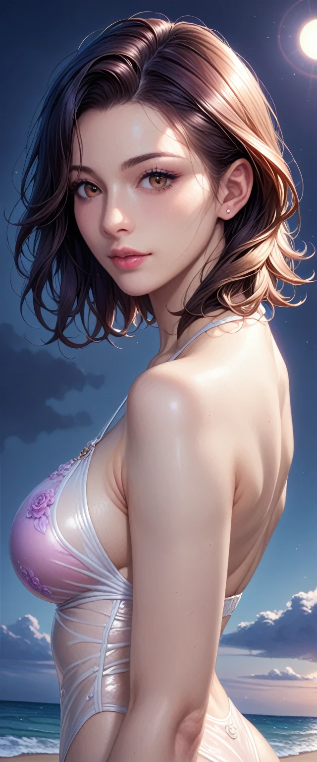 score_9, score_8_superior, score_7_superior, High resolution 3D anime style,A masterpiece in 32K resolution,Highest quality,it is really amazing,Very detailed,Ultra-high resolution,Ultra-realistic,Realistic,Increased depth of field,Cinematic lighting,
(Sexy mature Japan woman:1.2),
(black straight medium hair:1.1),(Ultra-detailed and beautiful face:1.1),(Calm and gentle look:1.1),Beautiful brown eyes,Translucent white skin,Realistic skin texture,Great proportions,
Elegant swimwear,
Summery design,Chic color scheme,Beautiful and delicate decoration,Detailed fabric texture,
(Dark overcast sky on a dull night:1.1),(Dark clouds filling the sky:1),(Thundercloud:1),Coastline at night,Stormy seas,(delay々A desolate sandy beach that continues:1),
(dramatic:1.1),(High angle:1.1),