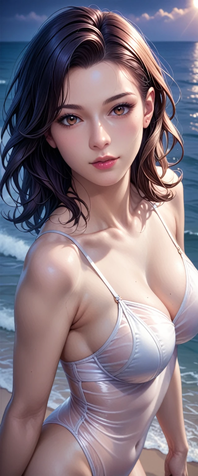 score_9, score_8_superior, score_7_superior, High resolution 3D anime style,A masterpiece in 32K resolution,Highest quality,it is really amazing,Very detailed,Ultra-high resolution,Ultra-realistic,Realistic,Increased depth of field,Cinematic lighting,
(Sexy mature Japan woman:1.2),
(black straight medium hair:1.1),(Ultra-detailed and beautiful face:1.1),(Calm and gentle look:1.1),Beautiful brown eyes,Translucent white skin,Realistic skin texture,Great proportions,
Elegant swimwear,
Summery design,Chic color scheme,Beautiful and delicate decoration,Detailed fabric texture,
(Dark overcast sky on a dull night:1.1),(Dark clouds filling the sky:1),(Thundercloud:1),Coastline at night,Stormy seas,(delay々A desolate sandy beach that continues:1),
(dramatic:1.1),(High angle:1.1),
