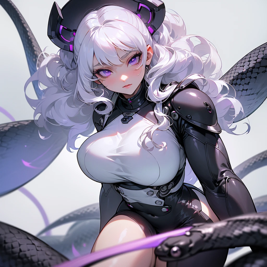 ((ultra quality)), ((masterpiece)), ((sensual)), ((Angelic beauty woman)), ((long white curly hair)), ((White hair)), ((White hair)), ((curly hair)), (beautiful face), (beautiful female lips), Enchanting ((Seductive facial expression)), looks at the camera with a slight smile, (White skin color), (White skin), glow on the body, ((detailed eyes)), ((Next to a huge black snake)), ((violet eyes)), (juicy female lips), (dark eyeliner), (beautiful female hands), ((thick body)), ideal female body, ((combat suit)), beautiful waist, beautiful big hips, big breasts, thick thighs, ((threatening and beautiful)) (), ((depth of field)), ((high quality clear image)), (delete details), ((High detail)), ((clear focus))
