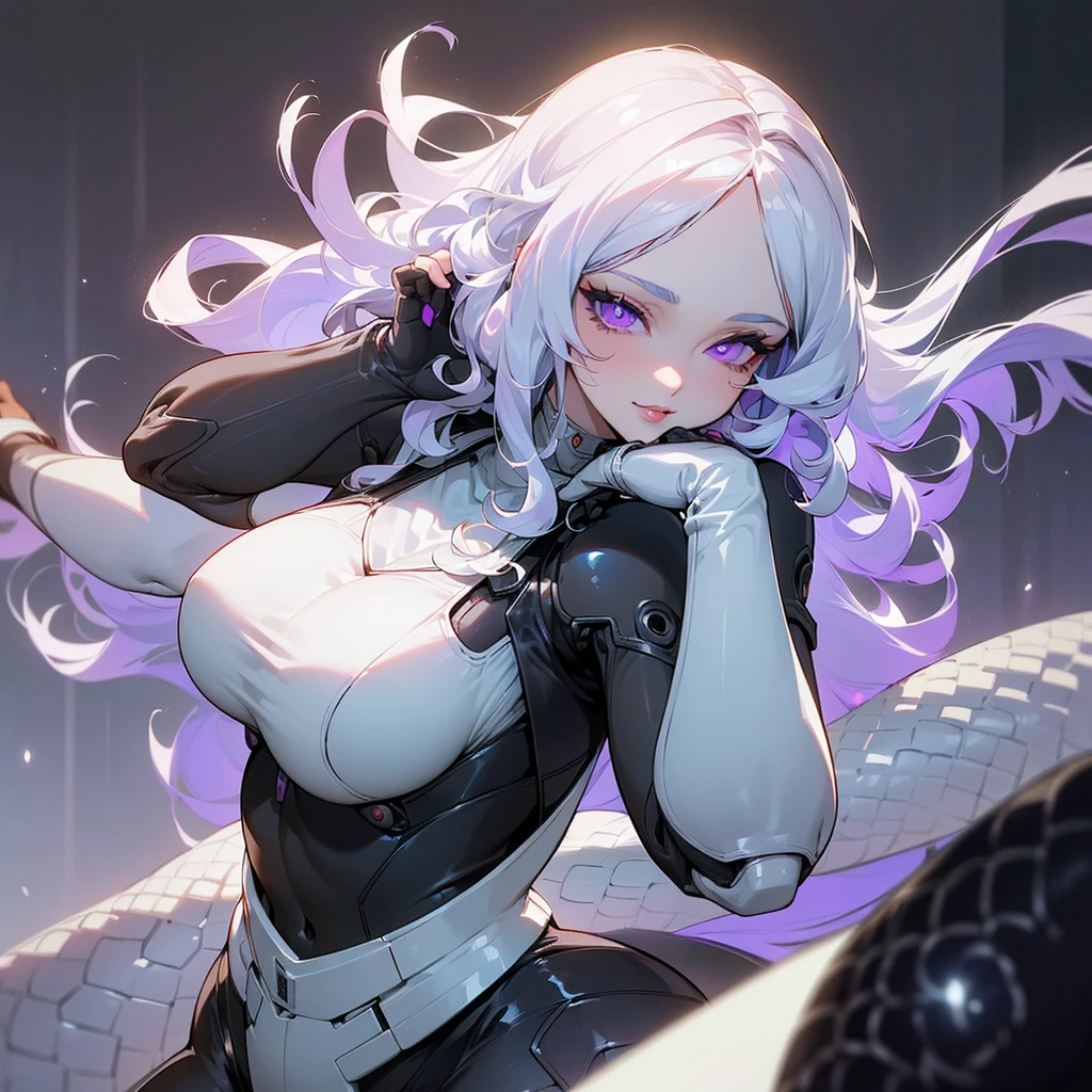 ((ultra quality)), ((masterpiece)), ((sensual)), ((Angelic beauty woman)), ((long white curly hair)), ((White hair)), ((White hair)), ((curly hair)), (beautiful face), (beautiful female lips), Enchanting ((Seductive facial expression)), looks at the camera with a slight smile, (White skin color), (White skin), glow on the body, ((detailed eyes)), ((Next to a huge black snake)), ((violet eyes)), (juicy female lips), (dark eyeliner), (beautiful female hands), ((thick body)), ideal female body, ((combat suit)), beautiful waist, beautiful big hips, big breasts, thick thighs, ((threatening and beautiful)) (), ((depth of field)), ((high quality clear image)), (delete details), ((High detail)), ((clear focus))