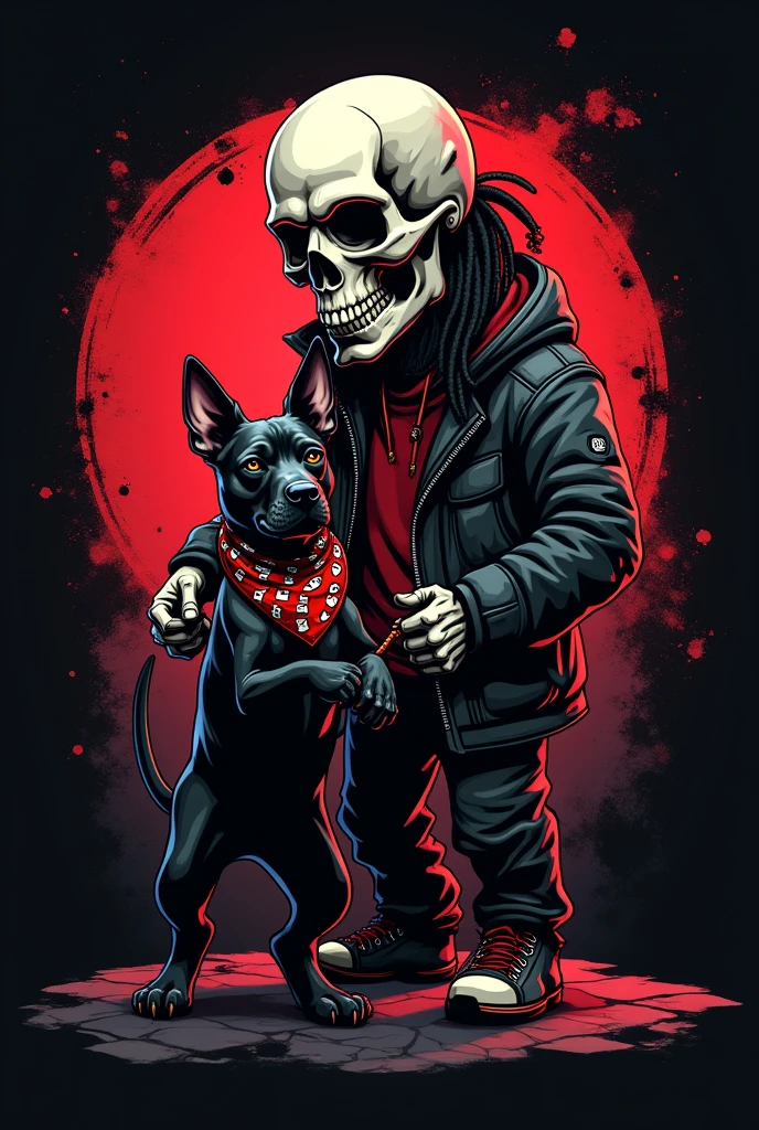 3d logo cool skull holding leash black bull terrier dog wearing red and white bandana dreadlocks hair standing peeing raising hind legs, red white cat splash design, dark retro black background