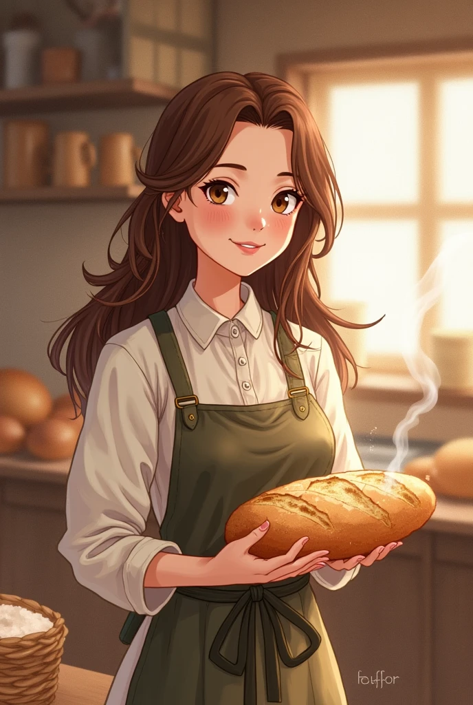 1 female, Around 30 years old,Watercolor Texture,Brown Hair, Soft colors, Illustration Anime, Being in the bakery,German,middle ages,Front facing,Wearing an apron,holding bread in hand,smile,Girl manga style,