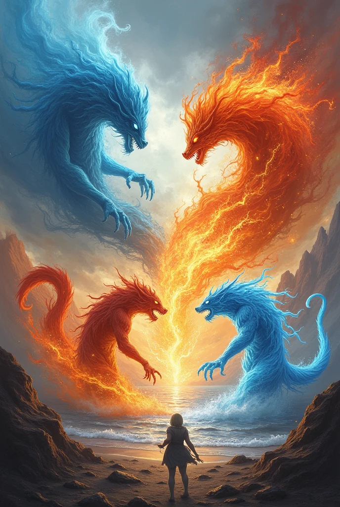 Create an image of 4 beings fighting each other. 1 represents fire, 2 represents water, 3 represents earth and 4 represents water.