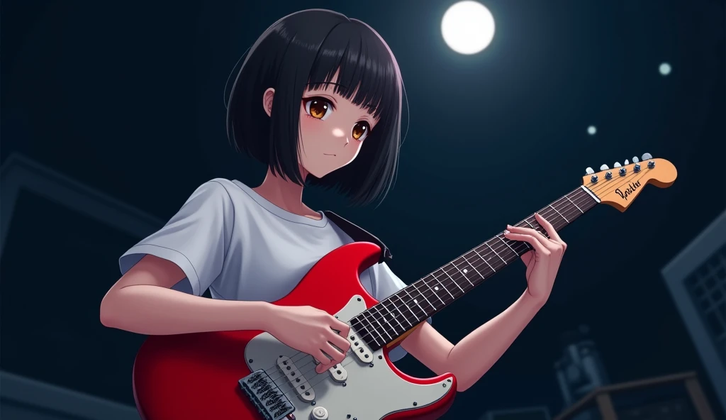 Red Electric Guitar,The pickguard is also red,A girl playing,19 years old,Bluish black hair,Dark Room,moonlight,Heavy round bob hair,Plain white T-shirt,Anime Style, Shooting from an oblique angle,High resolution,