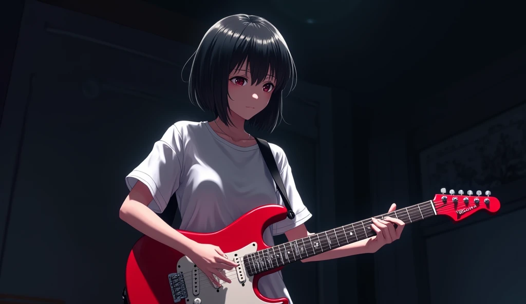 Red Electric Guitar,The pickguard is also red,A girl playing,19 years old,Bluish black hair,Dark Room,moonlight,Heavy round bob hair,Plain white T-shirt,Anime Style, Shooting from an oblique angle,High resolution,