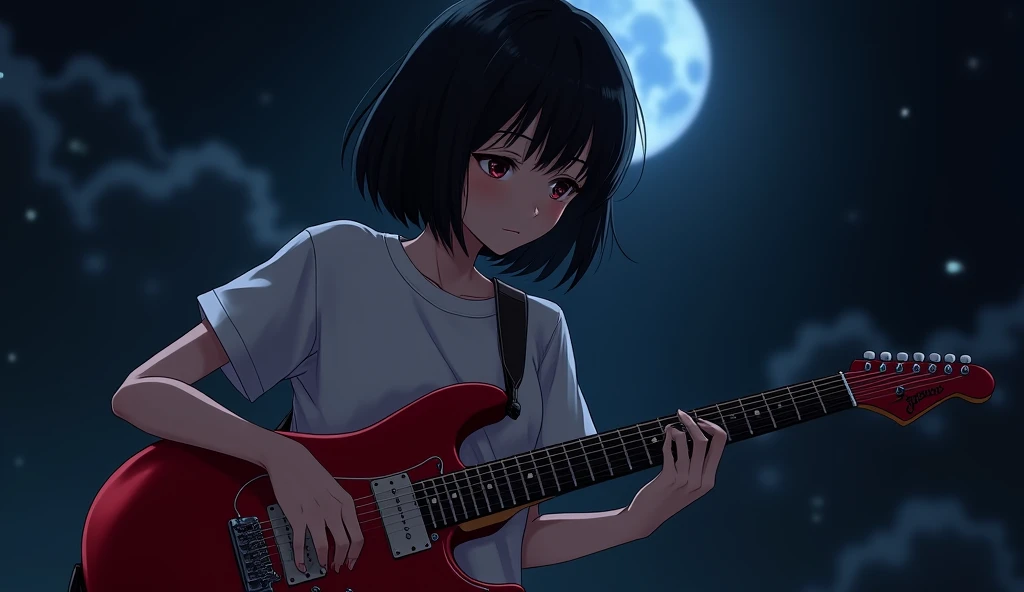 Red Electric Guitar,The pickguard is also red,A girl playing,19 years old,Bluish black hair,Dark Room,moonlight,Heavy round bob hair,Plain white T-shirt,Anime Style, Shooting from an oblique angle,High resolution,