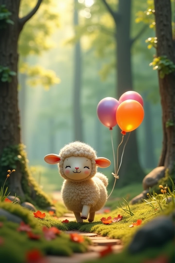 mouton en peluche se promenant avec un ballon de baudruche dans une forêt. dans style enfantin en mode depthmap