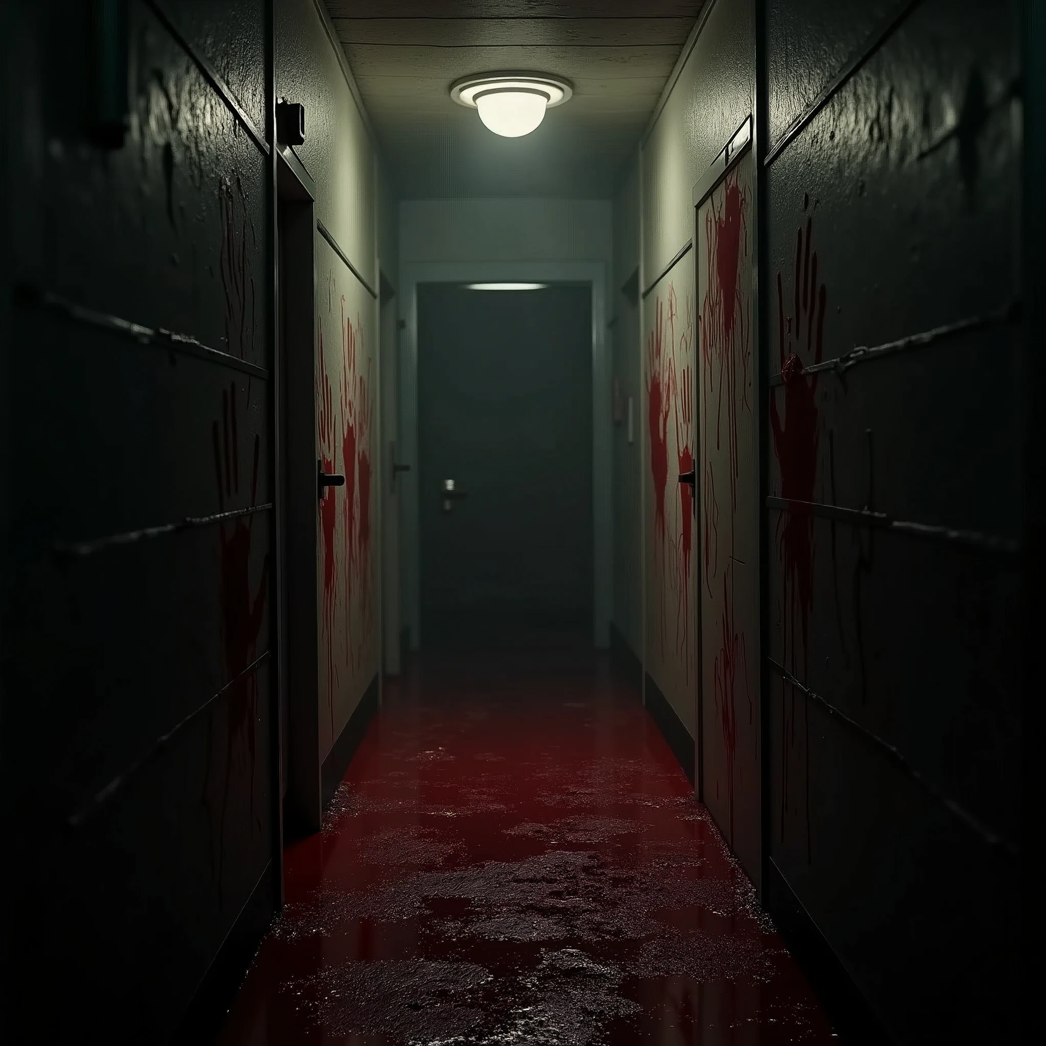 a dark and ominous room, blood-stained walls, bloody handprints, a sense of dread and terror, detailed horror atmosphere, dramatic lighting, dark moody colors, photorealistic, 8k, high quality, masterpiece