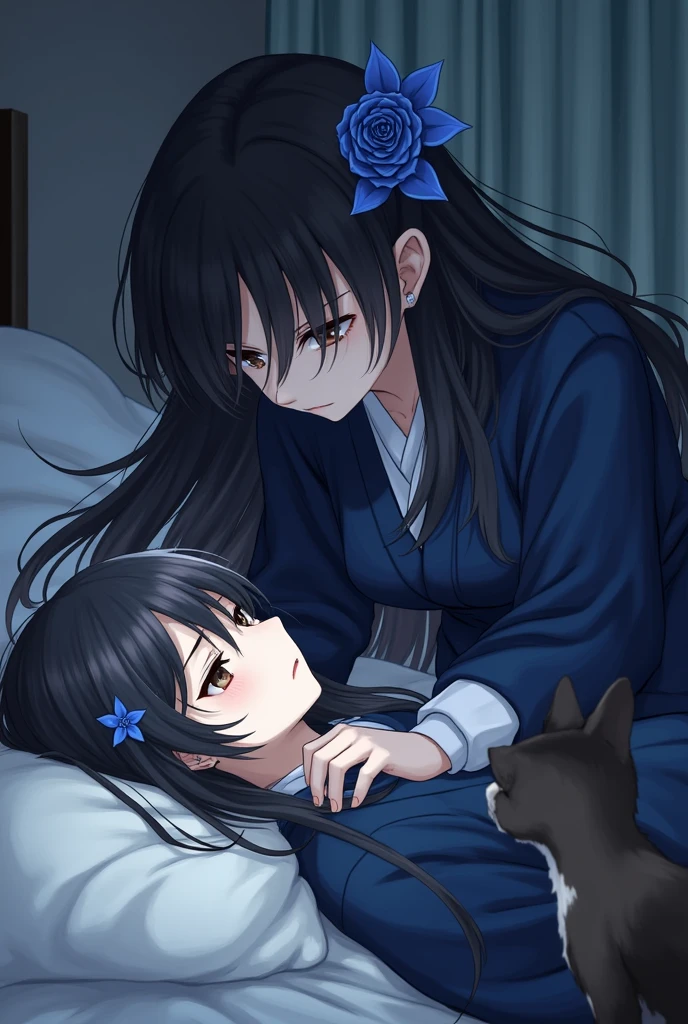 GIYU TOMIOKA of Demon Slayer, trying to wake up a female demon hunter character with long black hair with a blue rose in her hair, light brown eyes and hunter uniform with navy blue Haori lying on a bed with a cat 