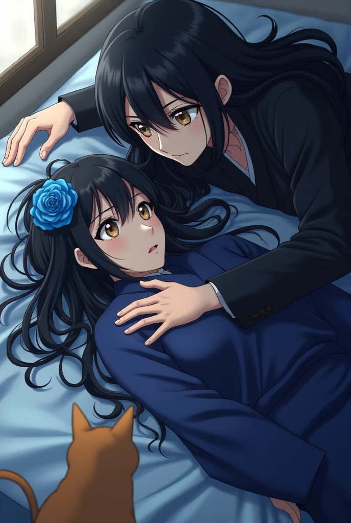 GIYU TOMIOKA of Demon Slayer, trying to wake up a female demon hunter character with long black hair with a blue rose in her hair, light brown eyes and hunter uniform with navy blue Haori lying on a bed with a cat