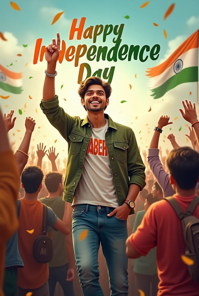 "Generate a real-life image of a 21-year-old (girl/boy) joyfully celebrating Indian Independence Day. The individual is dressed in stylish jacket and jeans attire with the name on shirt 'TABBU' prominently displayed on their clothing. The sky above them features the words 'Happy Independence Day' in a bold font. The background is alive with a crowd of people celebrating, creating a vibrant and patriotic atmosphere."